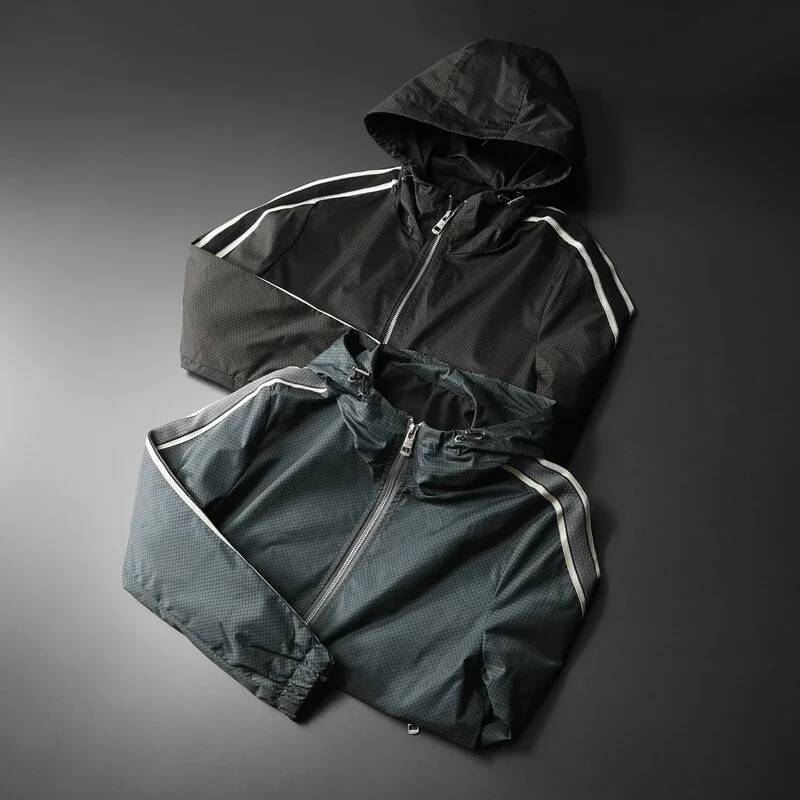 Minglu Hooded Spring Zipper Men's Jackets Luxury Plaid Printed Solid Color Long Sleeve Man Outerwear Autumn Male Coats