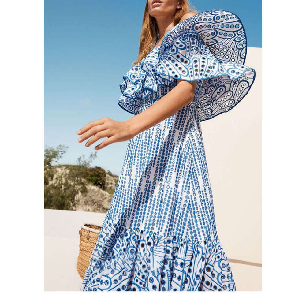 2026 summer niche fashion brand A1 goddess off shoulder pleated embroidery hollowed out large swing fairy vacation long skirt