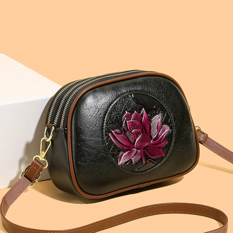 MultiLayer round Handbag Chinese Lotus Soft Leather oulder Crossbody Bag Vintage National Sle Womens 260307