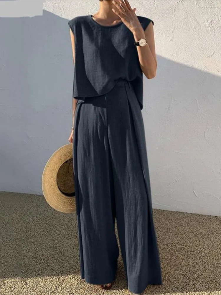 Cotton Linen Fashion Round Neck Sleeveless Vest Wide Leg Pants Two-piece Set Casual Loose Womens Set Style 260304