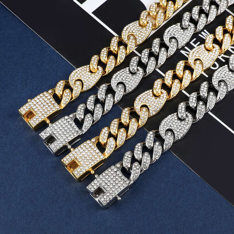 New Pig Nose Coffee Bean Cuban Chain 12mm High-Quality Box Clasp Color-Block Personalized Bracelet Hip-Hop Jewelry