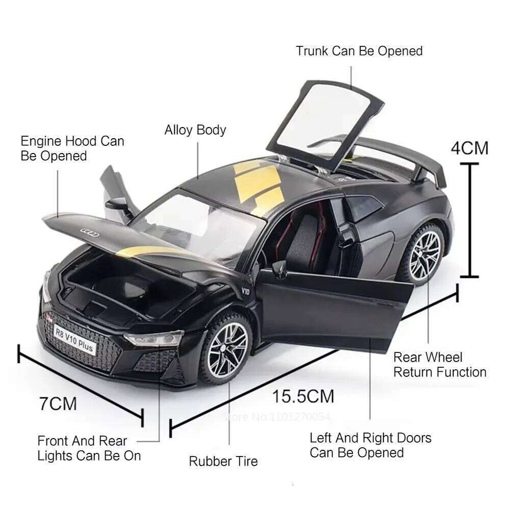 1:32 R8 V10 PLUS C260L Alloy Diecast Car Model Toys Sound Light Pull Back Doors Opened Rubber Tires Miniature Vehices Boys Gifts Z260306