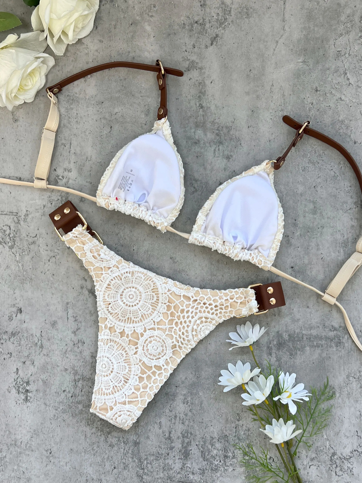 Boho Crochet Bikini Set Cream Knit with Leather Straps Metal Buckles Perfect for Beach Wear Pool Parties Summer Getaways 260306