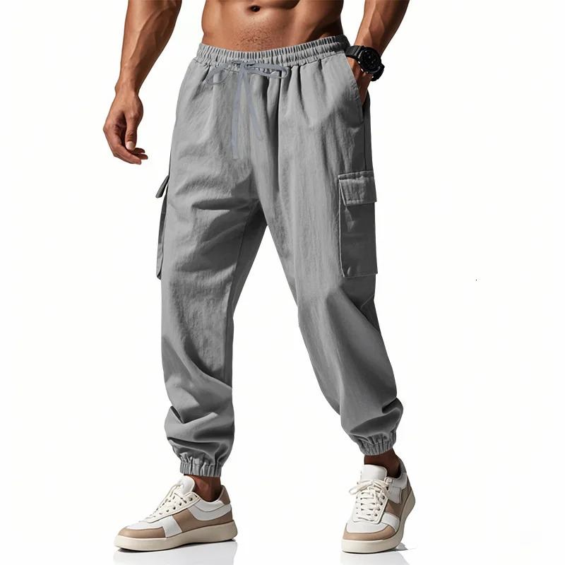 2026 mens casual multi-pocket trousers male closed-placket tethered cotton and linen straight-leg leggings Men Mens 260305