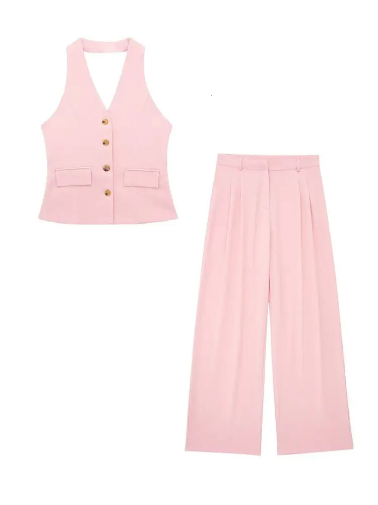 HH Women 2 Piece Set Halter Neck SingleBreasted Pocket Sleeveless Vest TopsHigh Waist Zipper Pockets Wide Leg Pant 260306