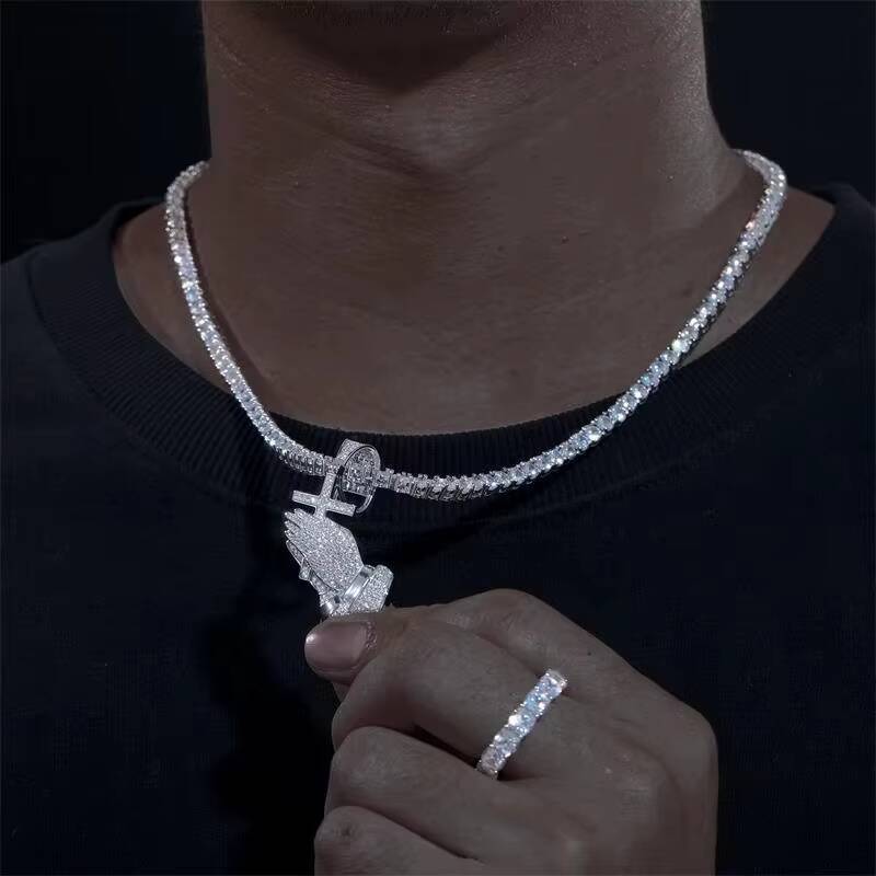 D Color Moissanite Diamond Bling Cross Pray Hand Pendant Necklace in 925 Sterling Silver Hip Hop Jewelry for Men Women