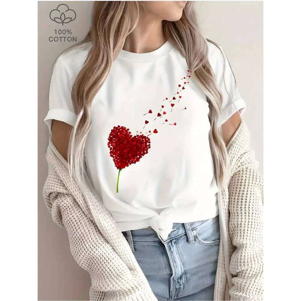 Women's Cotton Short-Sleeve T-Shirt Heart and Dandelion Casual Fashion Top with Playful Print Design Plus Size XJ260306