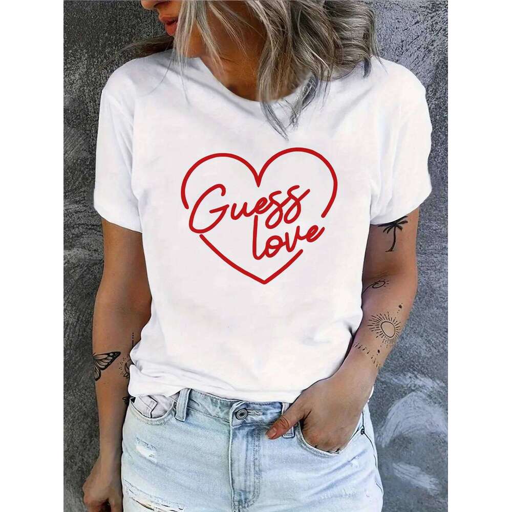 Ladies' casual short sleeved T-shirt - red heart-shaped printed round neck top XJ260306