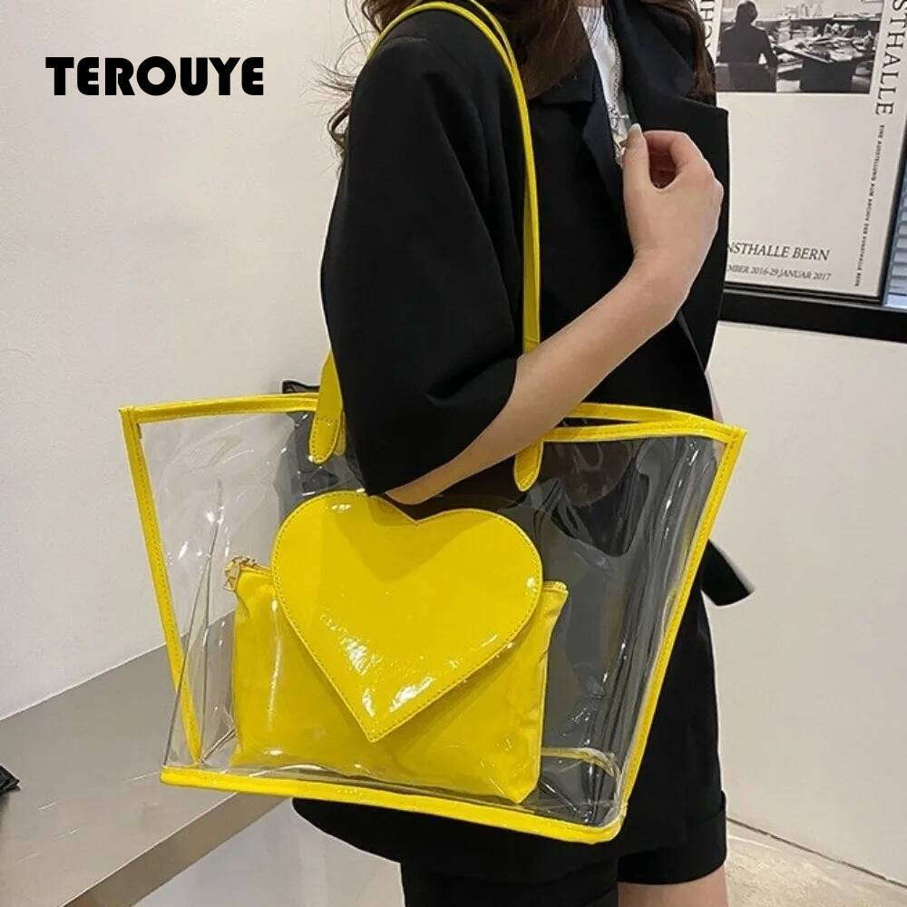 Waterproof Jelly Shoulder Large Capacity Versatile Transparent Handbags Has Inner Pocket Color Contrasting Beach Bag TEROUYE