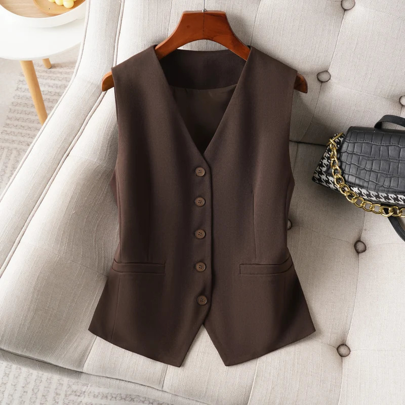 Coffee Colored VNeck Single Breasted Short Womens Vest in Spring and Autumn Fashionable Slimming for the Workplace Wearing 260306
