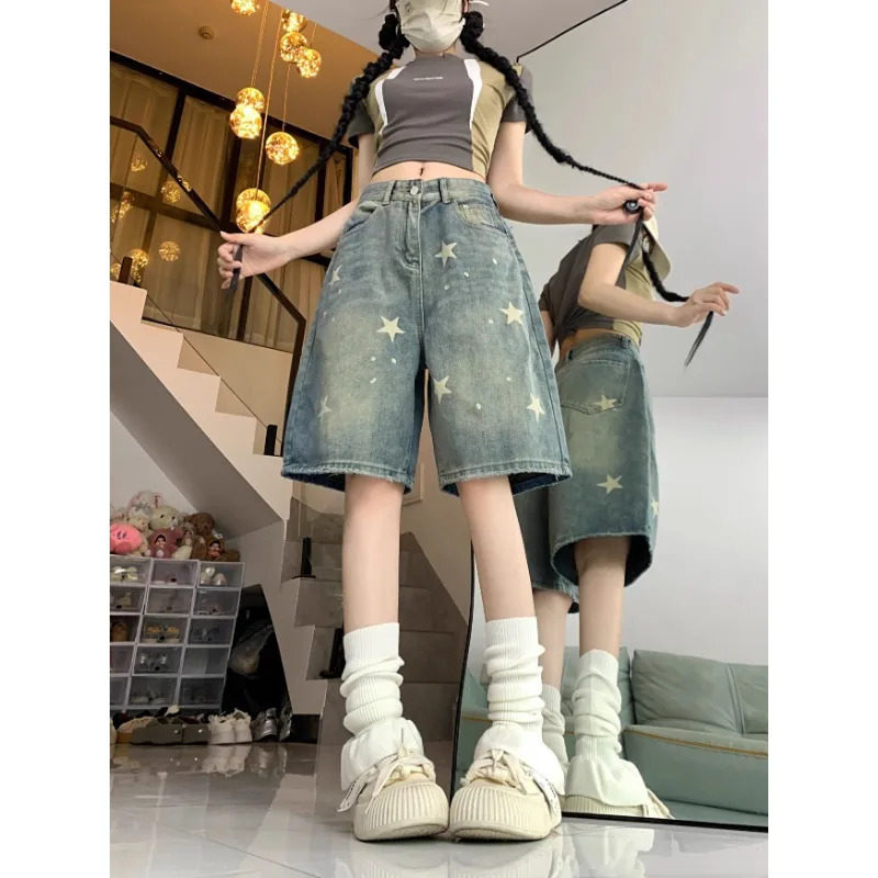 Casual Floral Print Loose Wide Leg Womens Jeans American Retro Star Straight Leg Comfort Stretch Soft Denim Shorts 260306