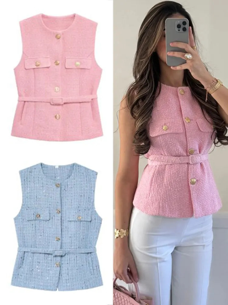 HH Women Elegant Solid Belt Vests Tops O Neck Metal Button Sleeveless Waistcoat Office Lady Outerwear Casual Blazer 260306