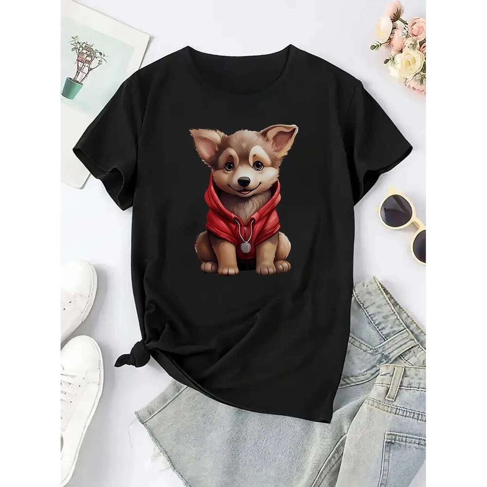 Women's Casual Cotton Polyester Blend T-Shirt Washable Round Neck Puppy Print Comfortable Top XJ260306 XJ260306