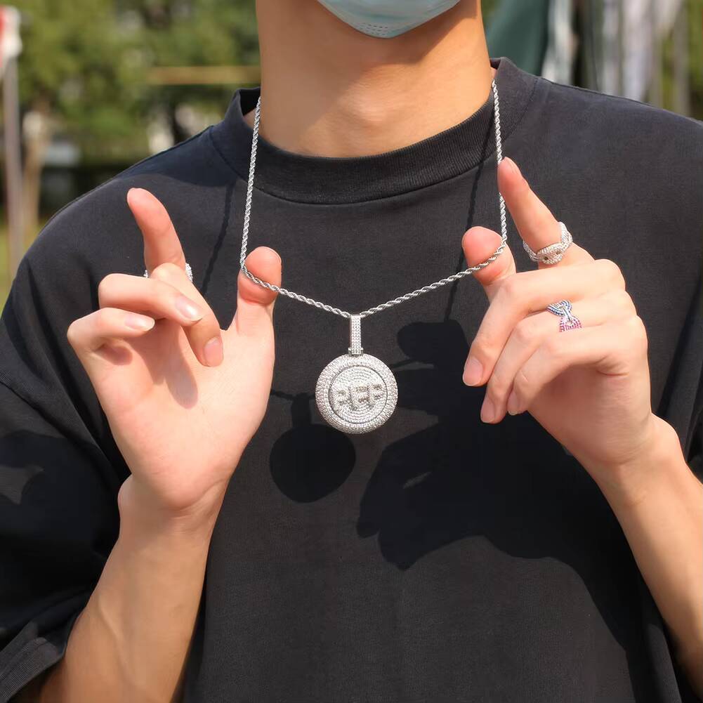 2026 Popular Custom Spin Letter Names Necklace Zirconia Name Plate Round Pendant Rapper Chain