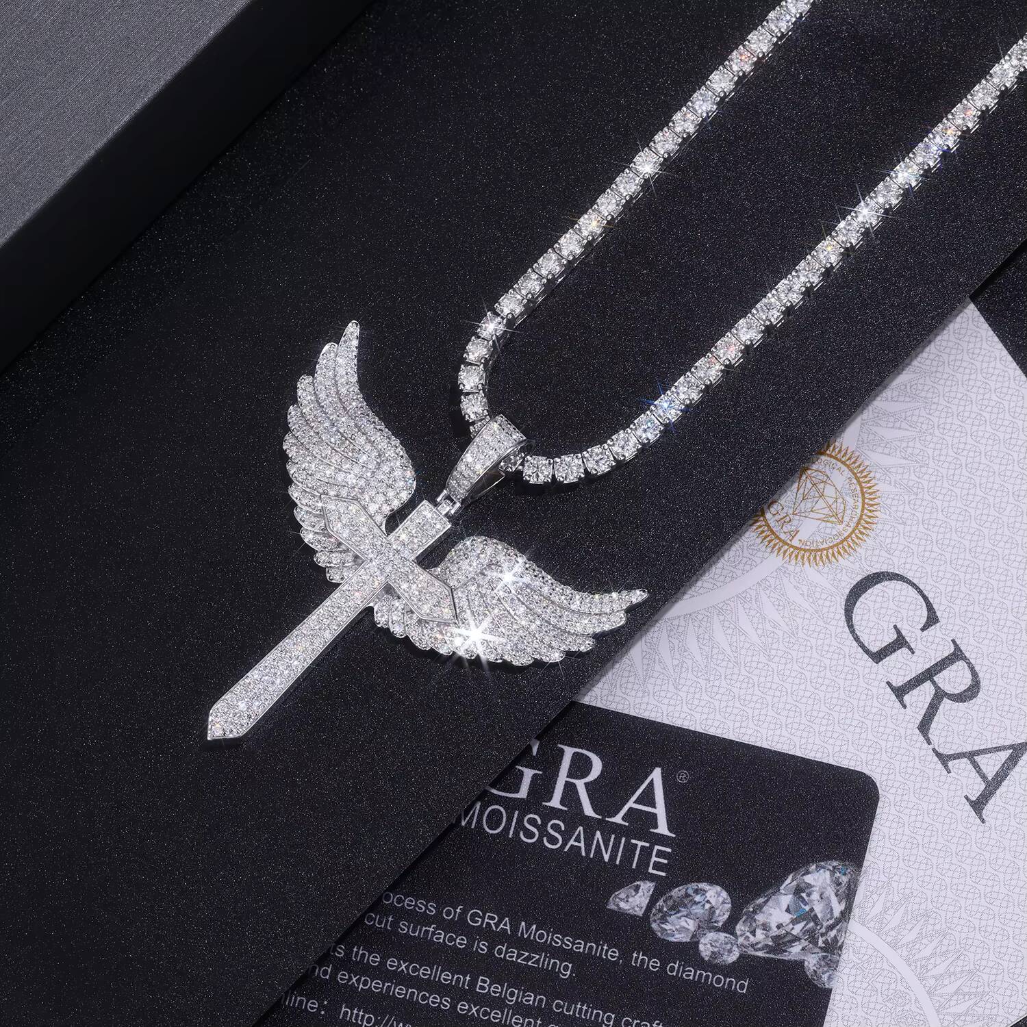 Angel Wings Moissanite Cross Pendant Necklace 925 Sterling Silver 18K Gold Plated Full Moissanite Pave Luxury Hip Hop Jewelry