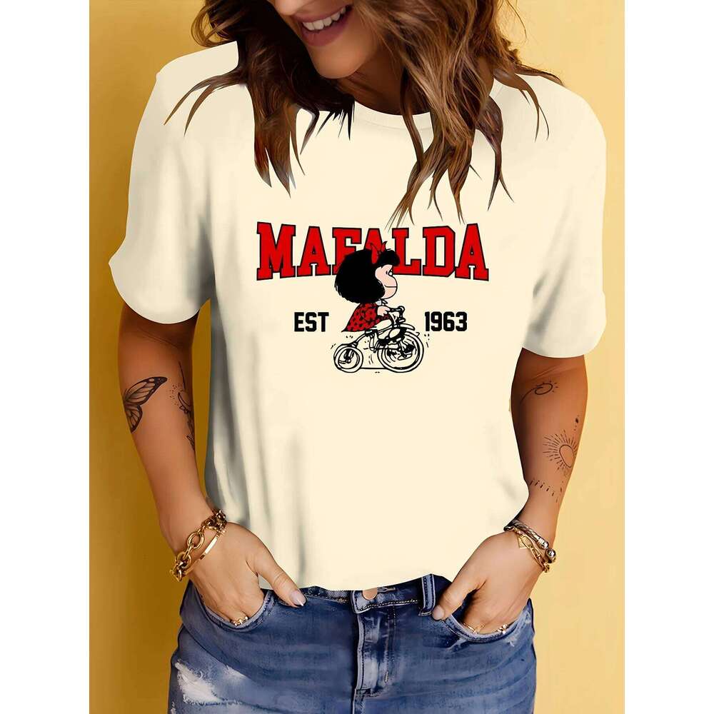 MAEALDA Women's Fashion Black T-Shirt - "Mafalda EST. 1956" Graphic Casual Slim Fit Short Sleeve Crew Neck Top Ideal for XJ260306 XJ260