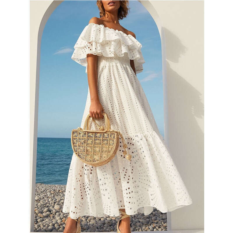 2026 summer niche fashion brand goddess off shoulder pleated embroidery hollowed out large swing fairy vacation long skirt