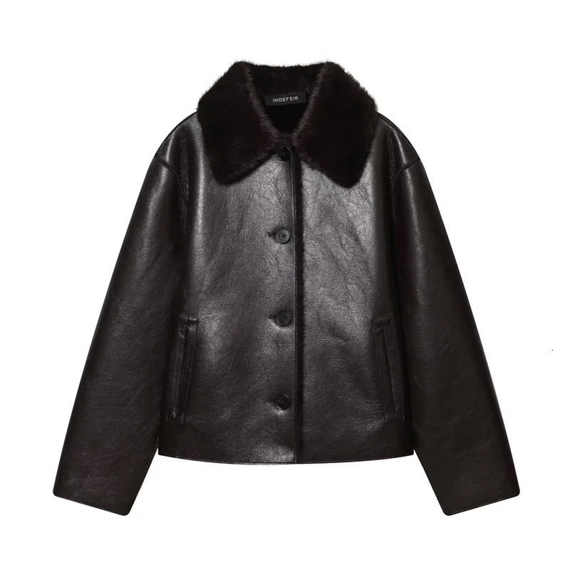 Womens Jacket AutumnWinter Arrivals Dark Brown Long-Sleeve Faux Leather Reversible Jacket Stylish and Unique 260306