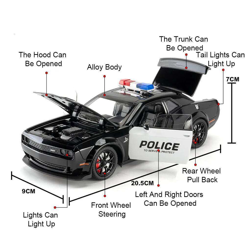 1:24 Y Challenger SRT Hellcat Police Car Diecast Alloy Model Toy Front Wheel Steering Doors Opened Vehice Child Gift Z260306