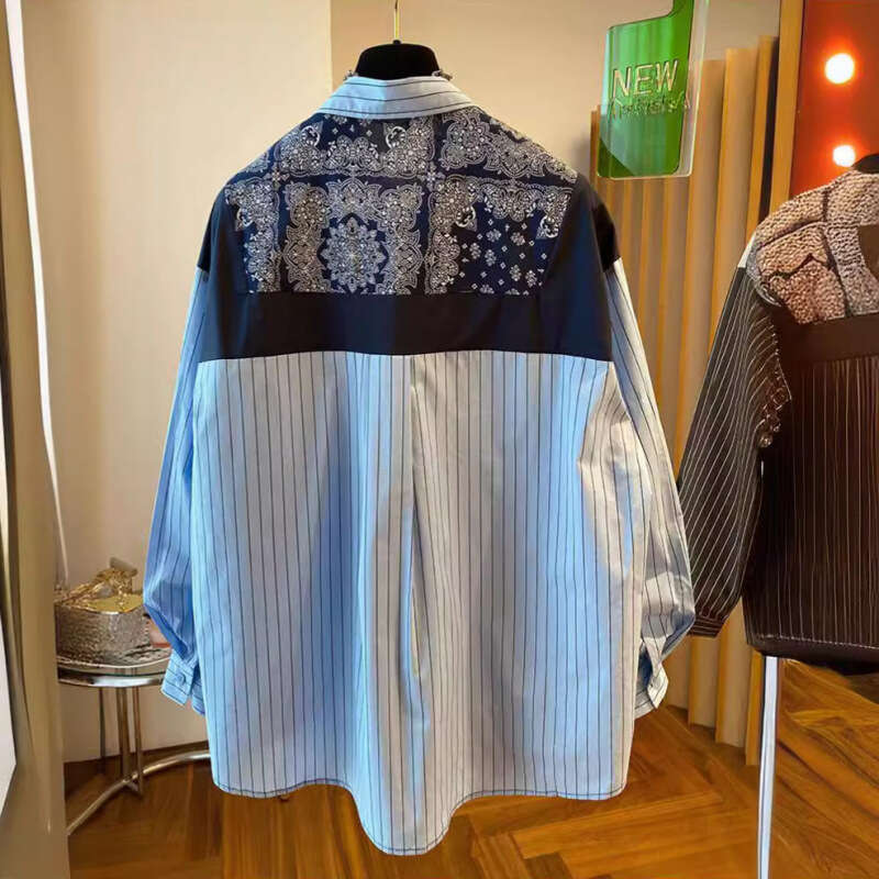 Mardi Hefxessdr Loose Fit Long Sleeve Blue Striped Printed Casual Shirt Women's Spring Autumn Fashion Soft Satin Fabric Collar