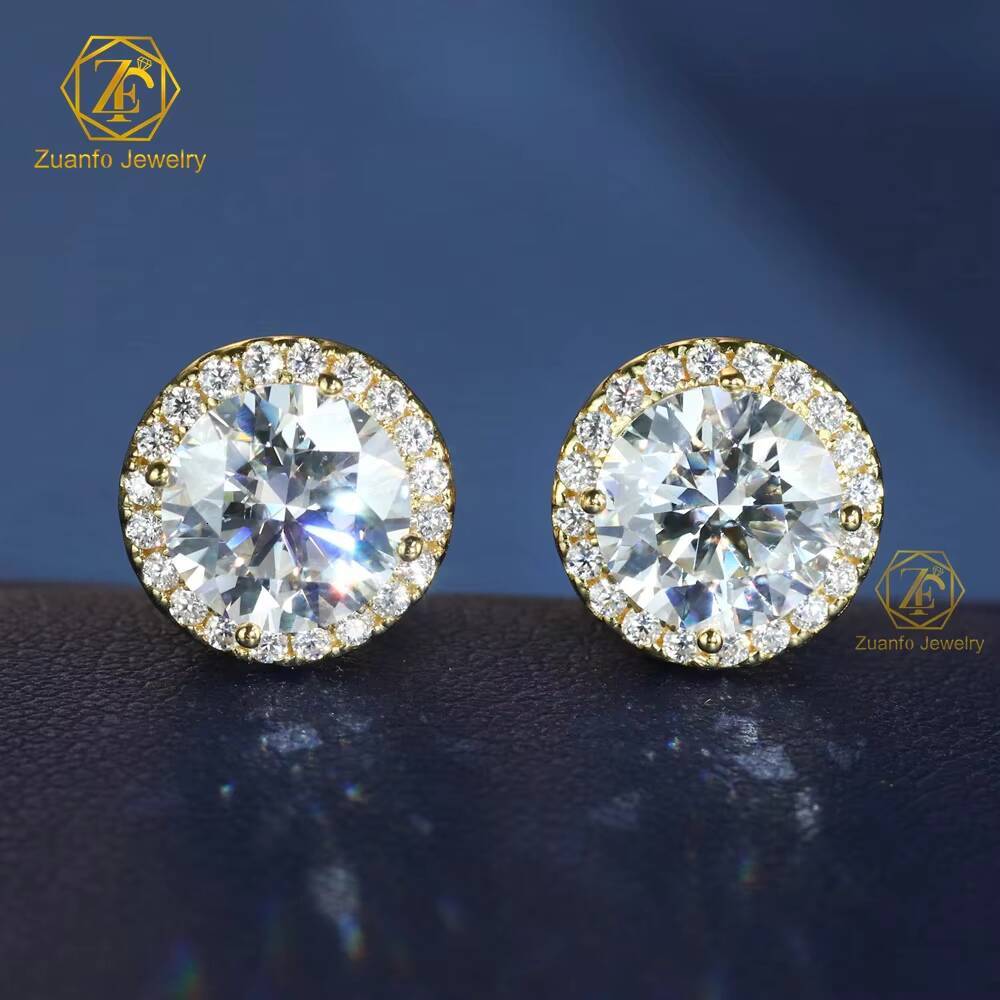 ZuanfoJewelry Eye Catching Round Shape Halo Earring D VVS 5/65/8MM Moissanite Earring Pass Diamond Tester 925Silver Gold Plated