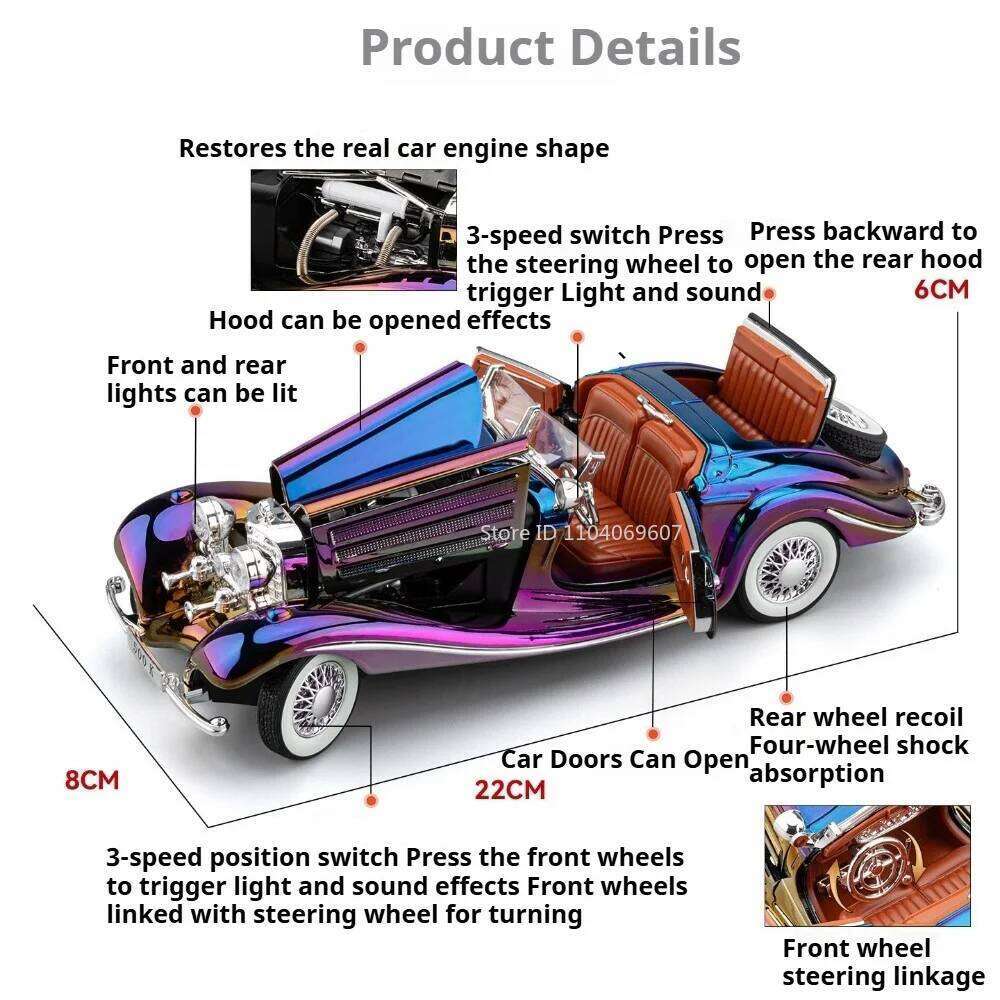 1:24 500K 300SL Toy Model Alloy Diecast Car Sound Light Pull Back Doors Opened Shock Absorption Vintage Cars Collect Preferences Z260306