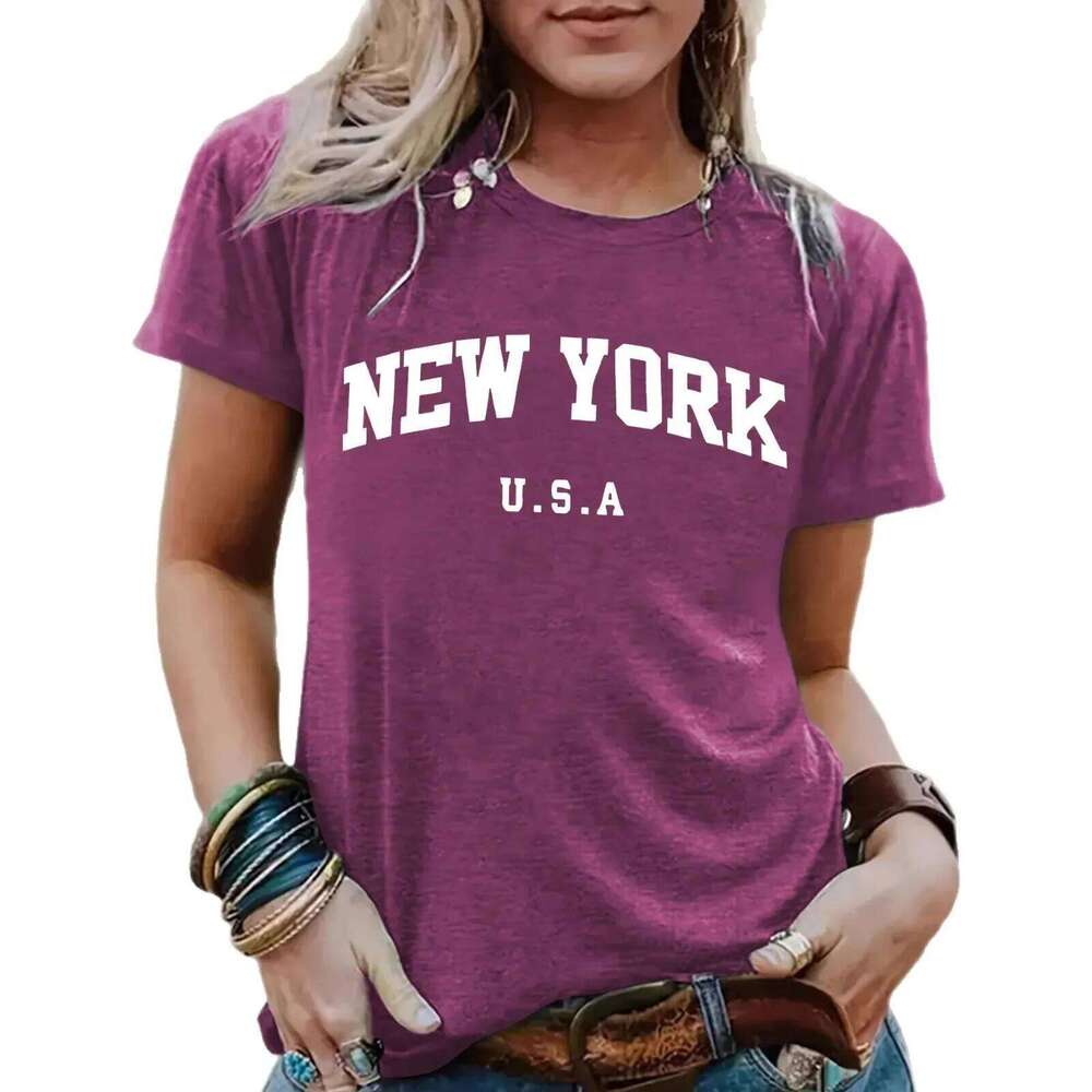 Comfortable round Neck Short Sleeve Women's York Pattern Print Summer New Style Polyester Fiber T-shirt Cross-Border XJ260306 XJ260306