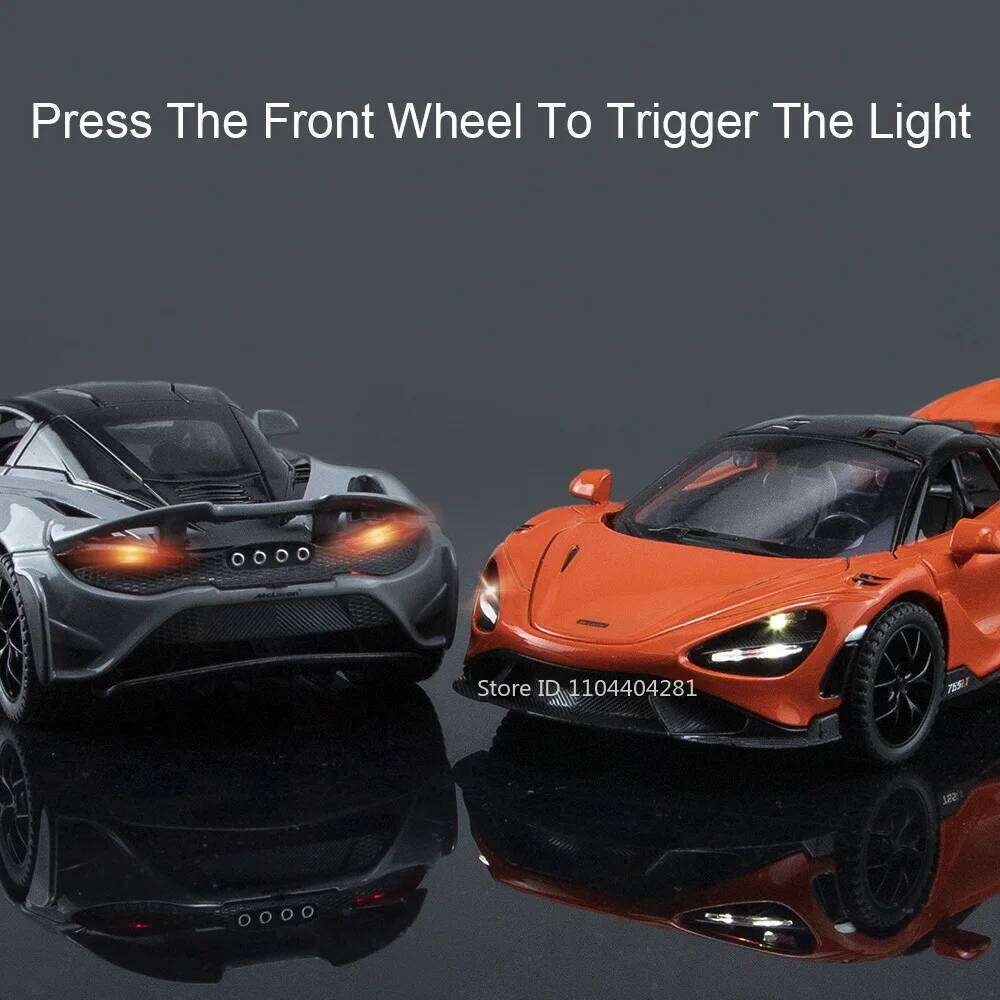 1:32 765LT 720S Alloy Diecast Car Miniature Model Toys Rubber Tires Doors Opened Sound Light Pull Back Vehice Ornaments Boy Gift Z260306
