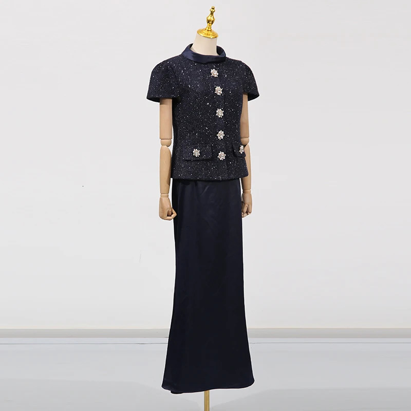 VGH Chic Two Piece Sets for Women Stand Collar Short Sleeves Spliced Pocket Tweed Top High Waist Maxi Skirts Vintage Suit Female 260304