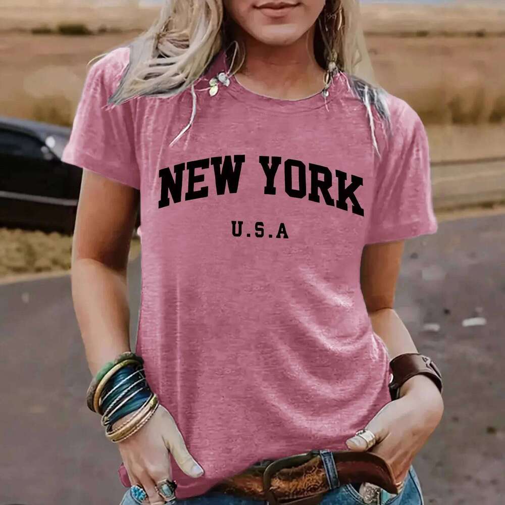 Comfortable round Neck Short Sleeve Women's York Pattern Print Summer New Style Polyester Fiber T-shirt Cross-Border XJ260306 XJ260306