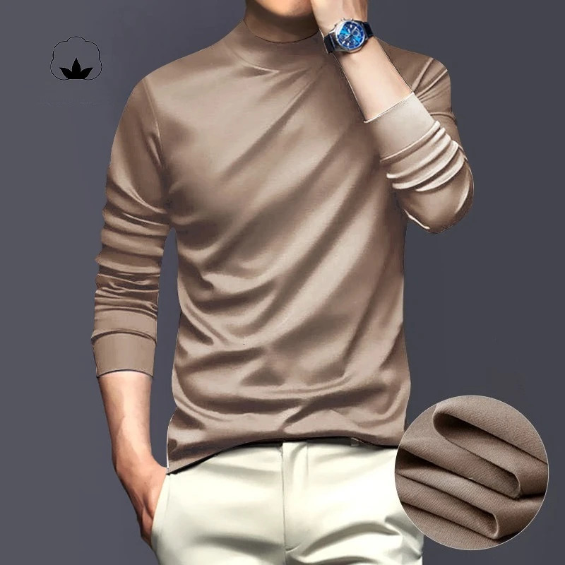 Mens High Neck Liquid Ammonia Mercerized Cotton Long Sleeve T-Shirt - Anti-Static Silky Sheen 260304