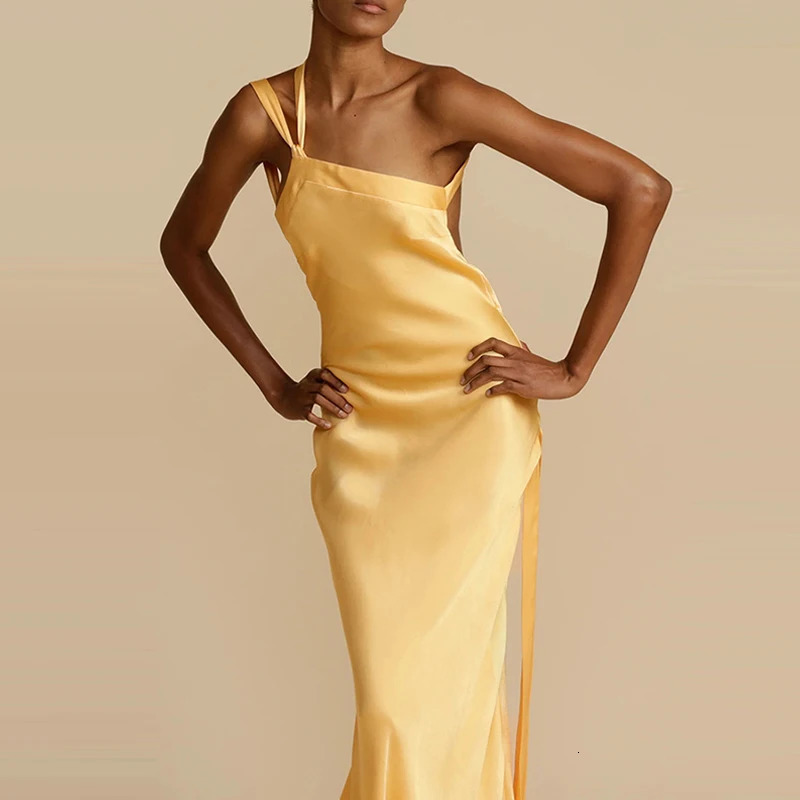 Spring Sexy Inclined Shoulder Party Dress Women High Waist Satin Boho Long Dress Summer Backless Hollow Bandage Maxi Dress 260306