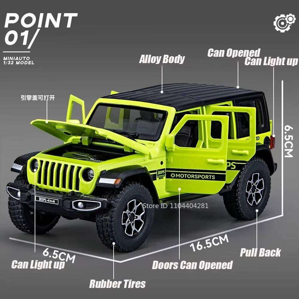 1:32 Wrangler Rubicon Model Toy Alloy Diecast Car Doors Opened Sound Light Pull Back Miniature Off-road Vehicle Kid Holiday Gift Z260306