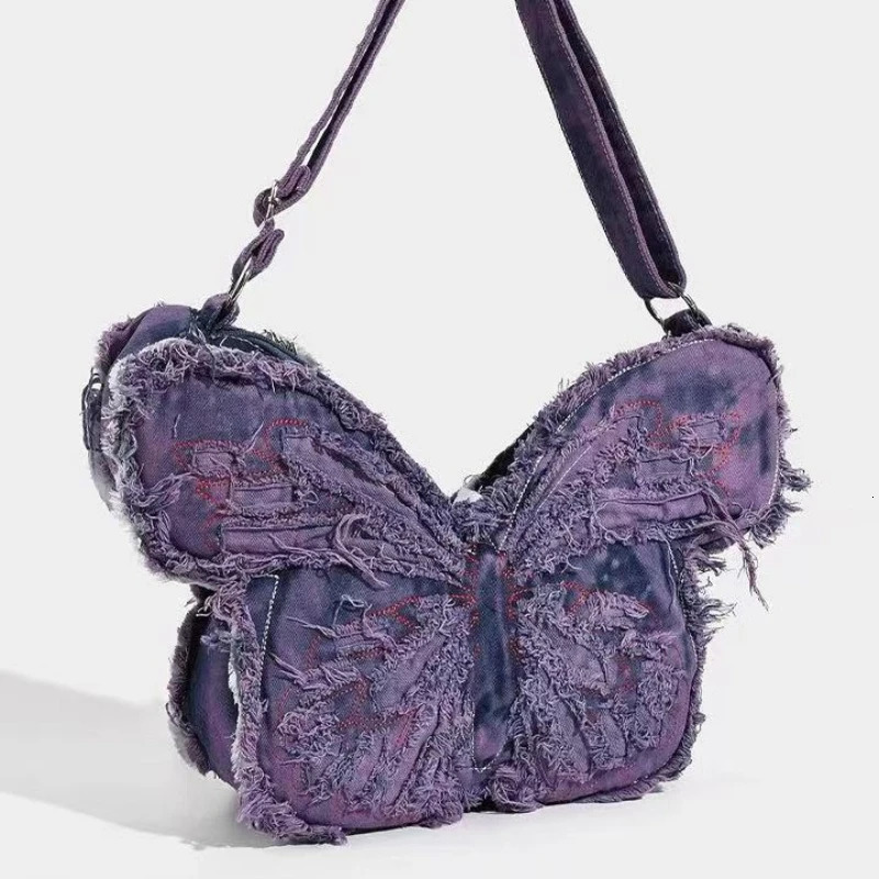 Fashion Butterfly Embroidery Shoulder Bags Y2k Aesthetic Trendy Women Casual Backpacks Vintage Denim Harajuku Crossbody Handbags 260307