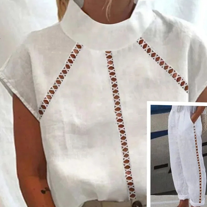 Lady Loose Two Pieces Suits Womens Hollowed Out Cotton Linen Lace Suit Spring Summer Casual Pockets Solid Color TopPants 260304