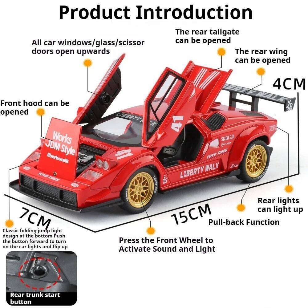 1:32 Lambor Countach LBWK SVJ63 Diecast Alloy Sports Car Model Toys Doors Opened Sound Light Pull Back Vehice Boy Christmas Gift Z260306