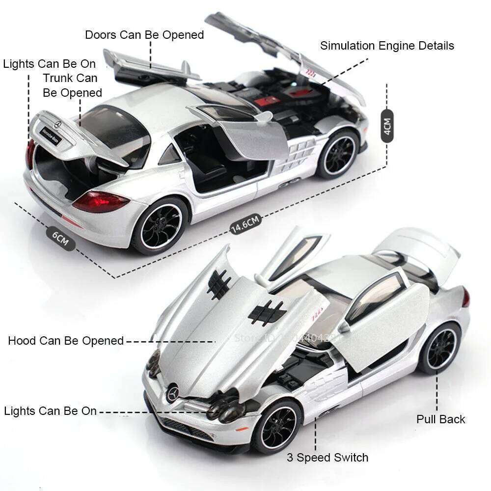 1:32 SLR 772S Diecast Alloy SLS Models Car Toys with Sound Light Pull Back Doors Opened Sports Cars Fashion Ornament Boys Gifts Z260306