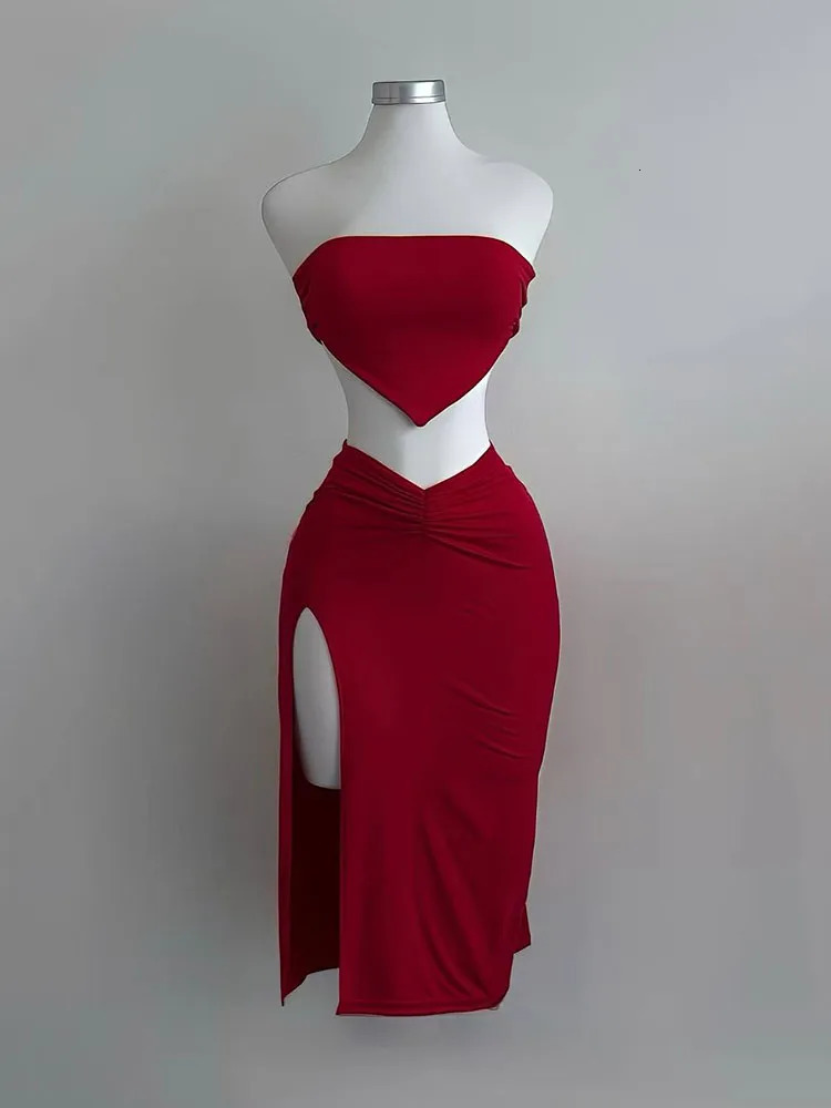 Strapless Backless Crop Top High Waist Skirt 2 Piece Set Women Summer Sexy Slim Fit Split Midi Dress Tube Suits Party Club Sets 260306