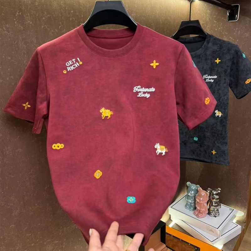 Luxury Brand Designer Clothes 2026 "Get Rich Soon" Men's Embroidered T-Shirt, Light Luxury, High-Quality, Versatile, High-End, Round Ne