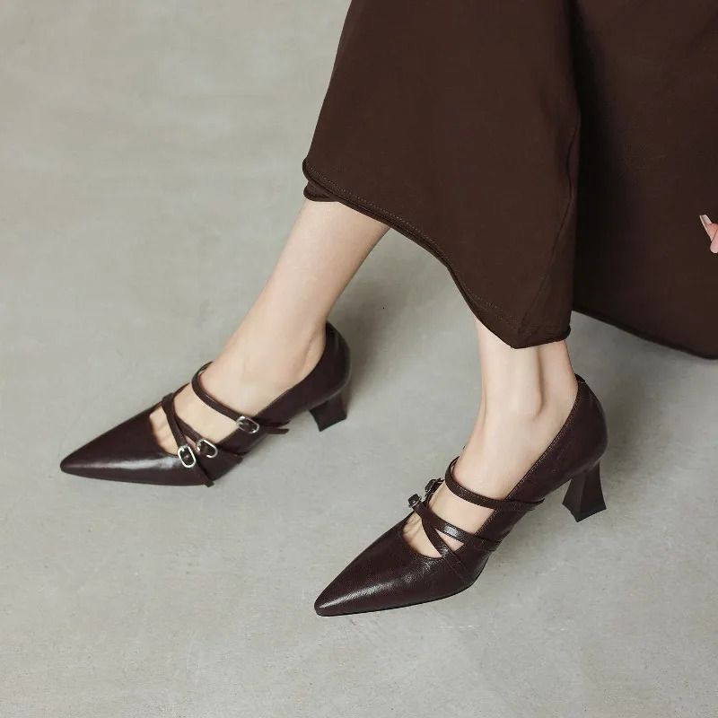 Vintage Pointed Toe Cross Buckle Women Mary Jane Shoes Fashion Shallow Shoes 2026 Spring Autumn Stripper Party Pumps Shoes 260303