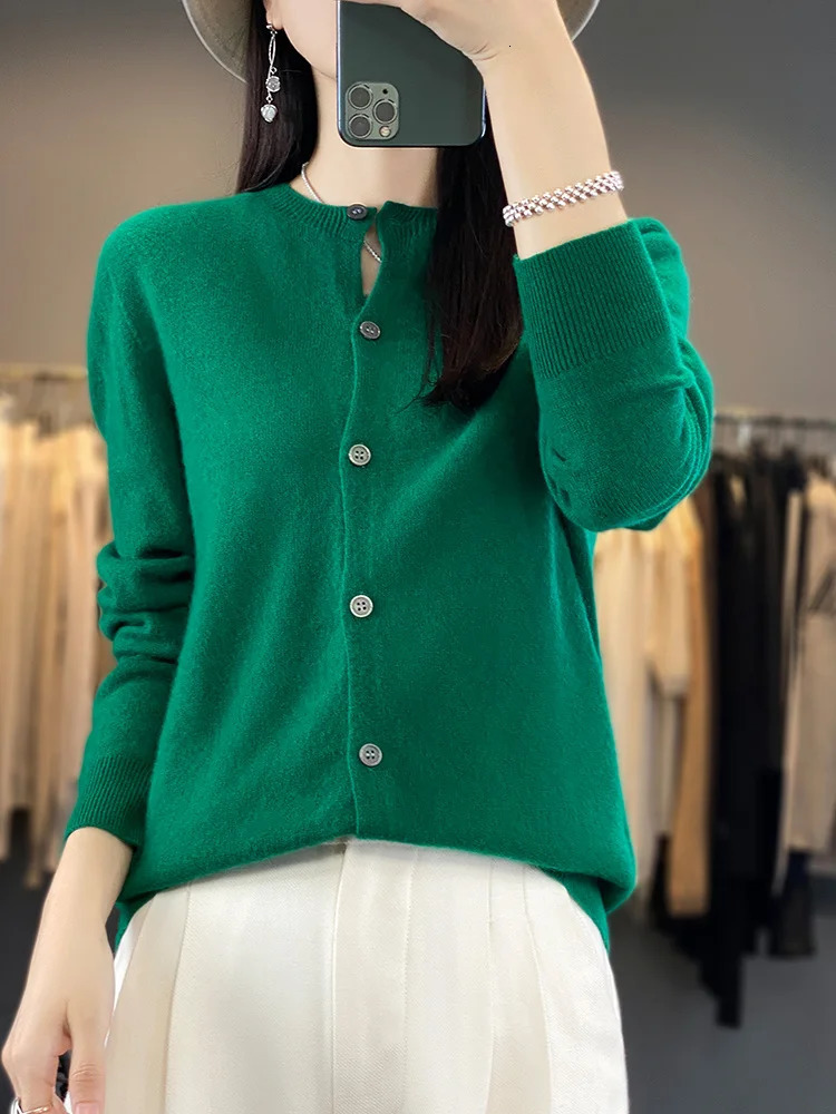 100 Merino Wool Sweater Women O-Neck Cardigan Basic Style Buttoned Knitwear Female Casual Autumn Winter Soft Tops 260305