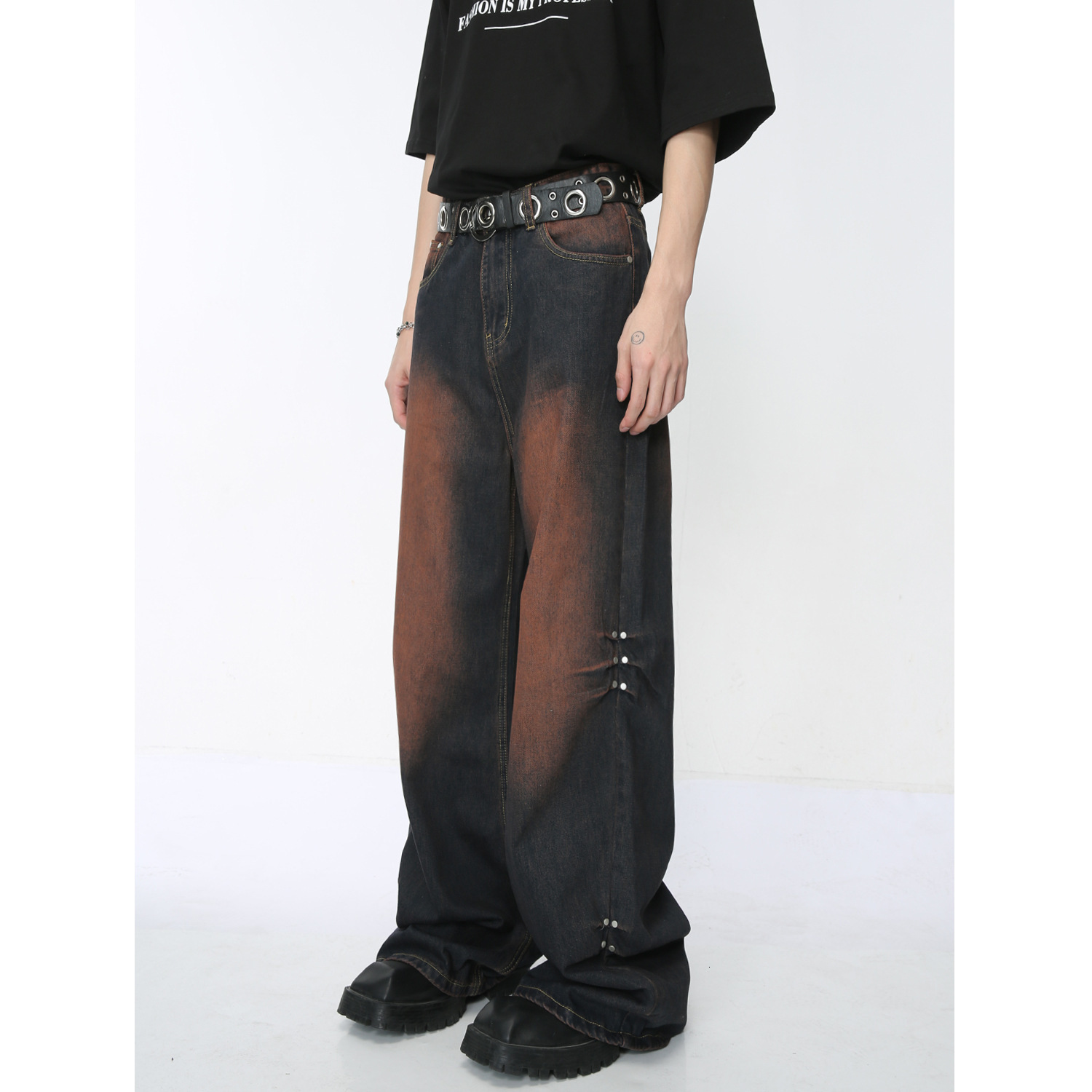 Punk Rhinestone embellished black jeans Y2k American streetwear loose wide leg jeans men 250508
