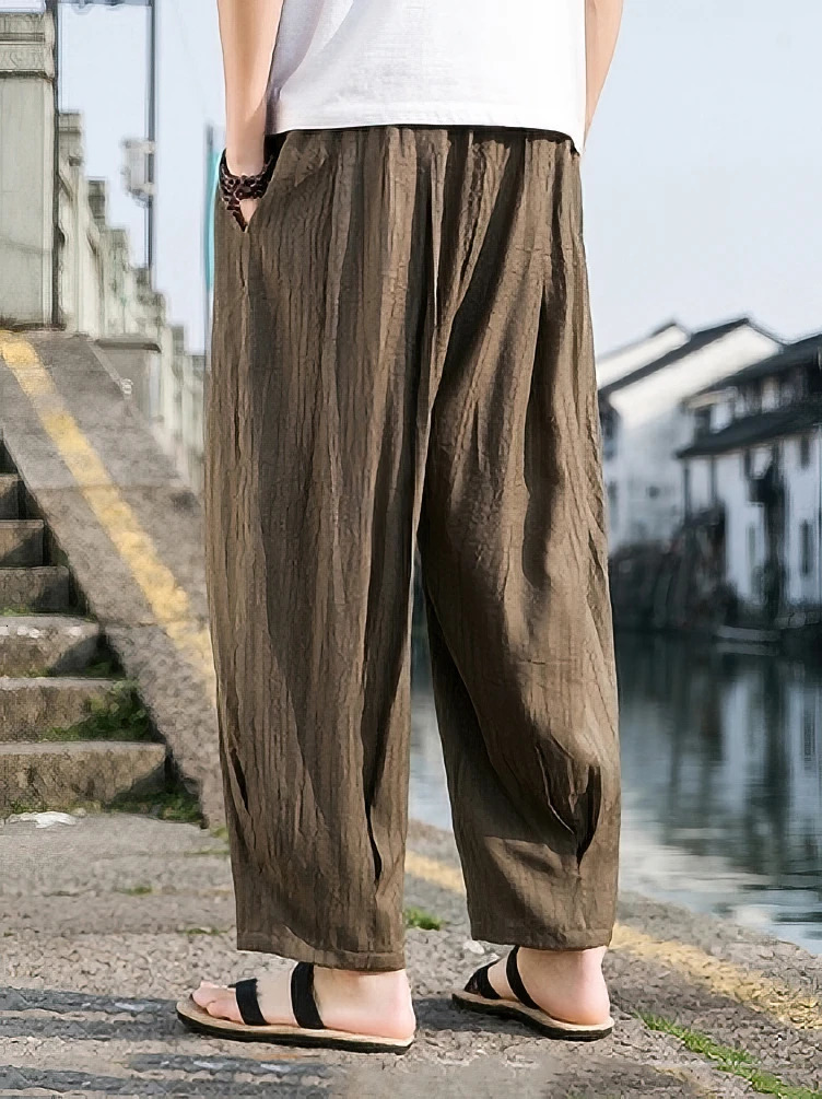 Ice Silk Casual Linen Pants Men Oversize Chinese Summer Wide leg Baggy Sweatpants Male Outdoor Sport Harem Trousers 260306