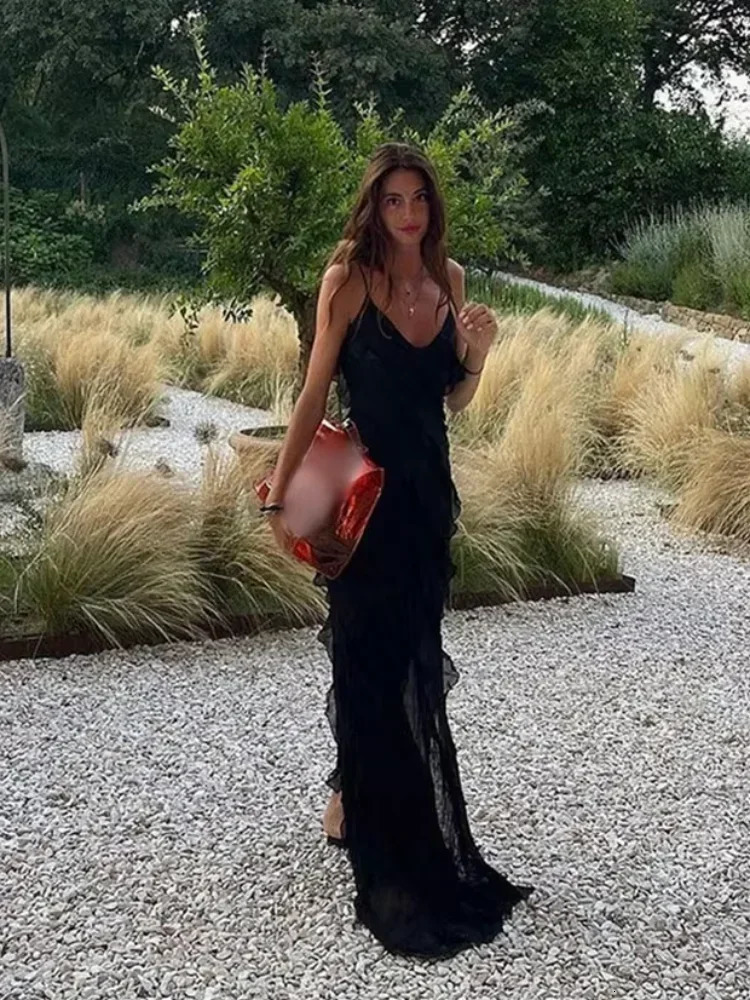 Women Black Stacked Ruffle Hem Long Dress sexy Sleeveless Backless Chiffon VNeck Dresses Lady Vacation Vestidos 260306