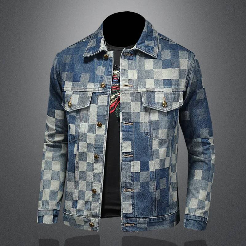 2025 Autumn Vintage Checkered Denim for Men Flip Collar Single Breasted Casual Business Jacket Social Street Wear Jeans