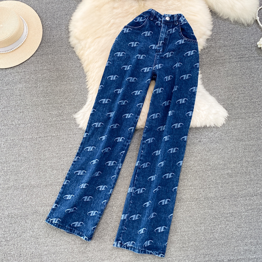 Fashion Set Womens American Style Bra Denim Tank Top Two Piece Casual High Waist Slim Straight Leg Pants 240409