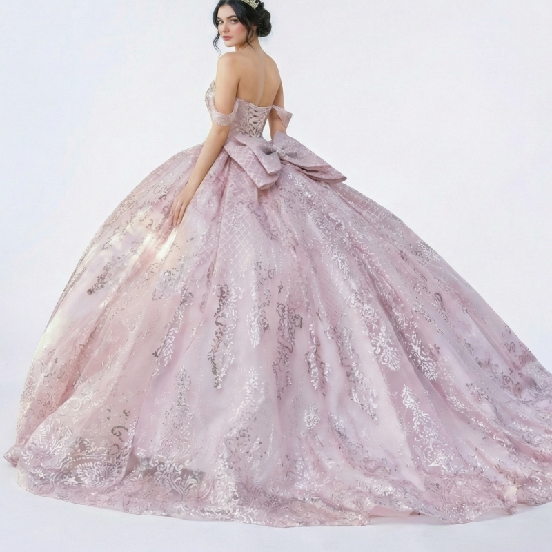 Pink Quinceanera Dresses Ball Gown Off The Shoulder Sequin Applique Lace Beading Crystal Bow Tull Corset Party Birthday Sweet 16 Vestidos 15 De Anos