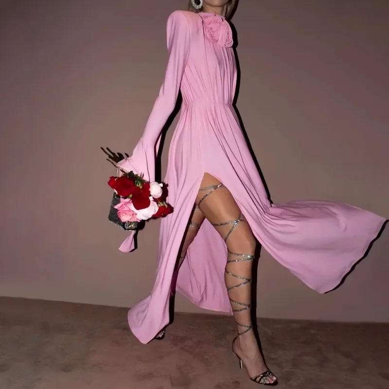Elegant Y2K Fashion Long Flare Sleeve V Neck Floral Slit Party Evening Dress Robe Vintage Women Folds 260306