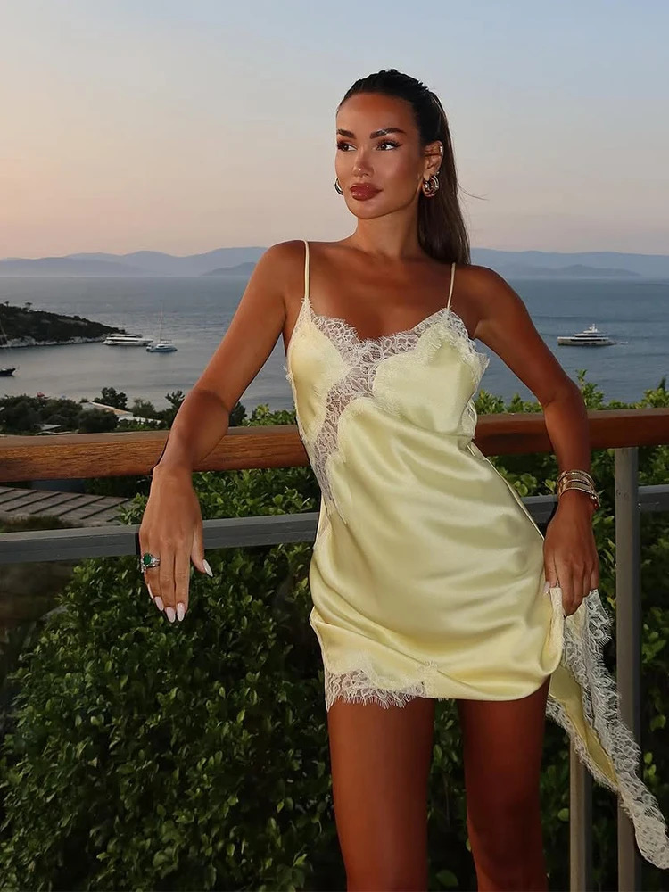 Yellow Satin Lace Splicing Sling Dress Women Elegant Irregular Hem V Neck Backless Sleeveless Gown Chic Women Party Club Vestido 260306