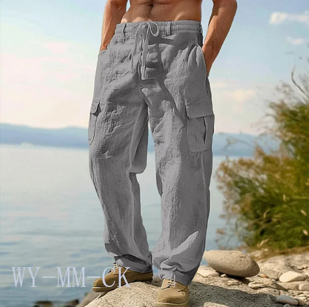 2026 European And American Mens Cotton And Linen Trousers Multi-pocket Work Pants Loose Straight Sportswear And Casual Trousers 260305